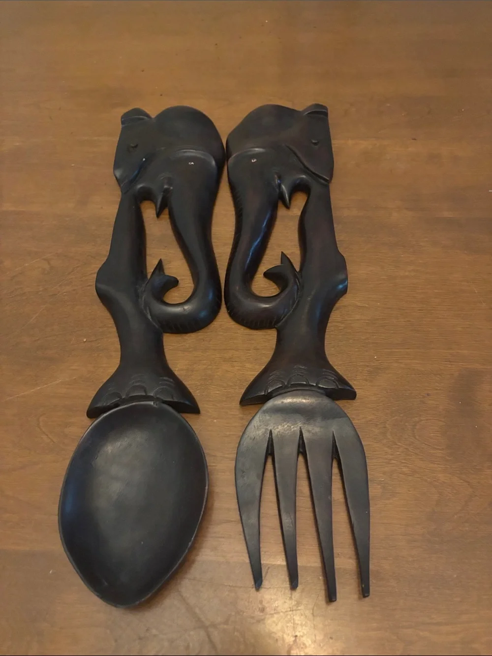 Vintage Carved Wood Elephant Fork Spoon Set Wall Hanging Decor Salad  Sri Lanka